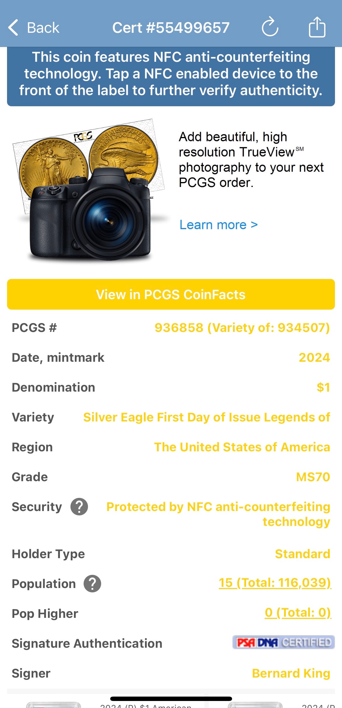 2024 $1 American Silver Eagle PCGS MS70 FDOI Legends of Life NBA Hall of Fame Bernard King Signed Label Mint Condition (Rare 1 of 15)