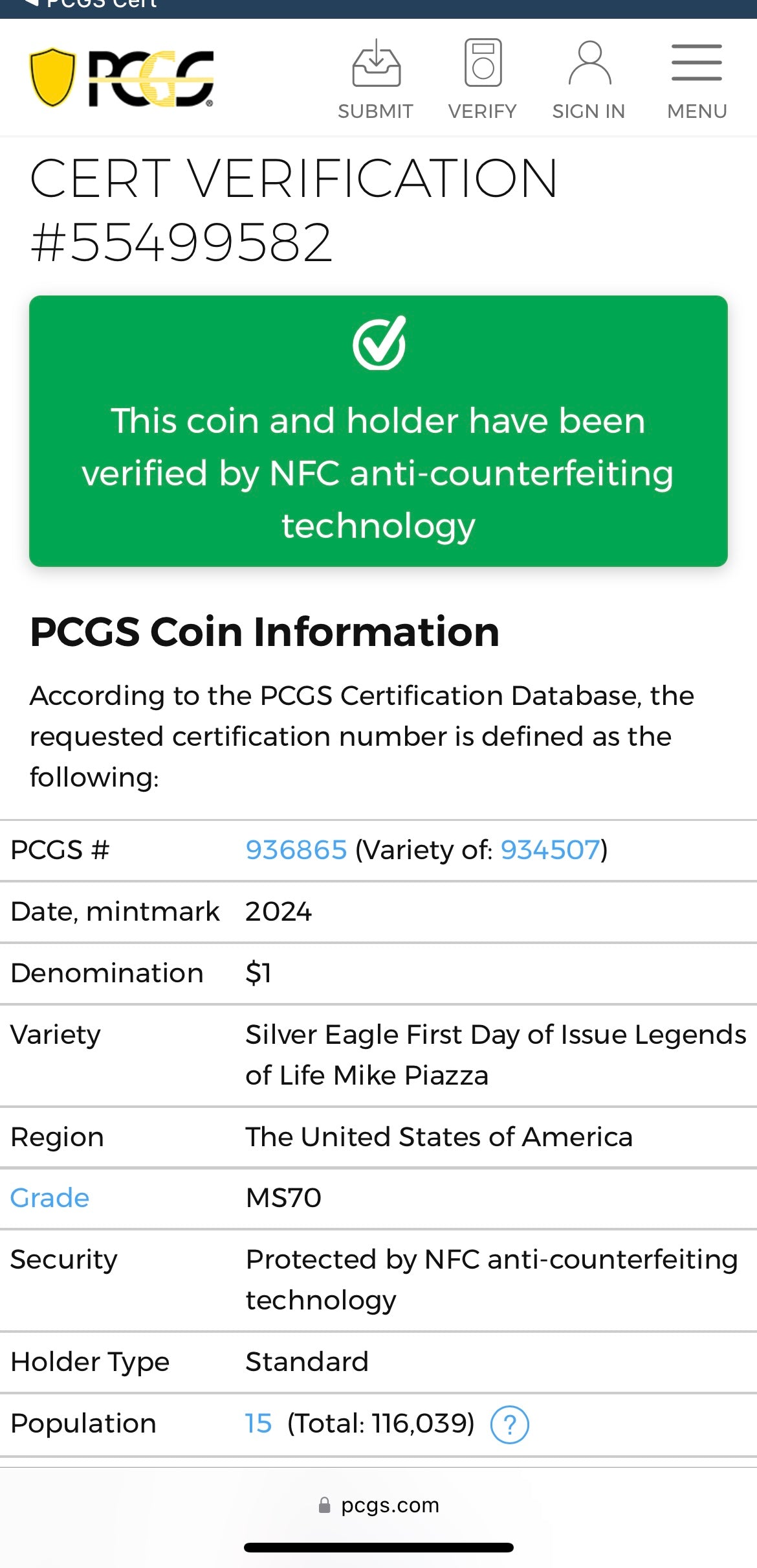 2024 $1 American Silver Eagle PCGS MS70 FDOI Legends of Life MLB Hall of Fame Mike Piazza Signed Label Mint Condition (Rare 1 of 15)
