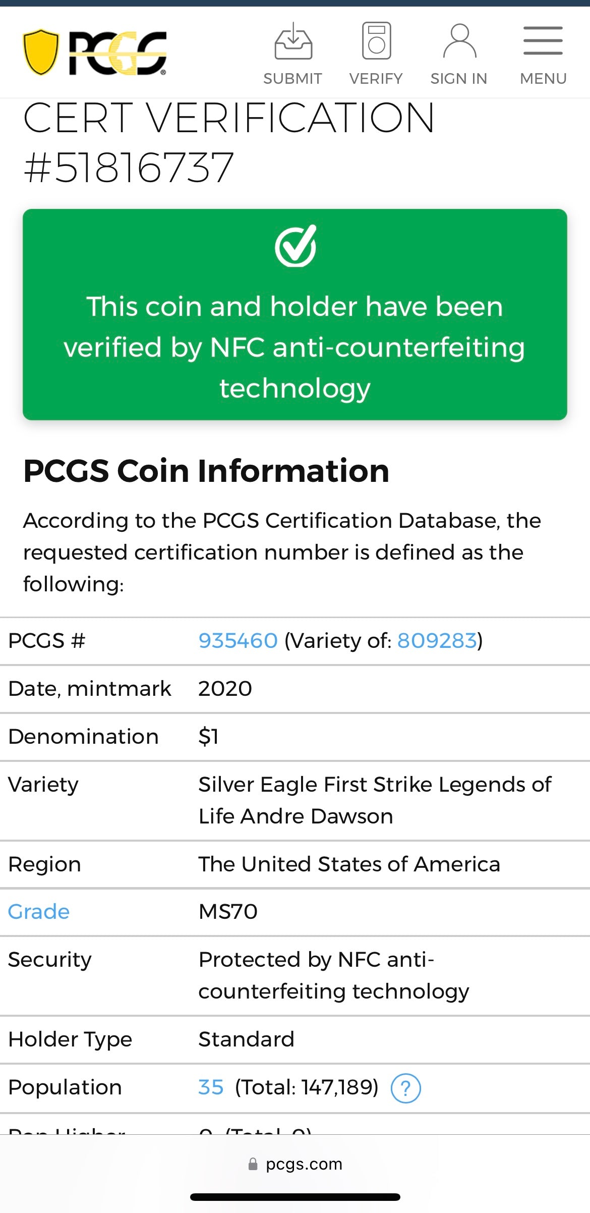2020 $1 American Silver Eagle PCGS MS70 First Strike Legends of Life MLB Hall of Fame Andre Dawson Signed Label Mint Condition (1 of 35)