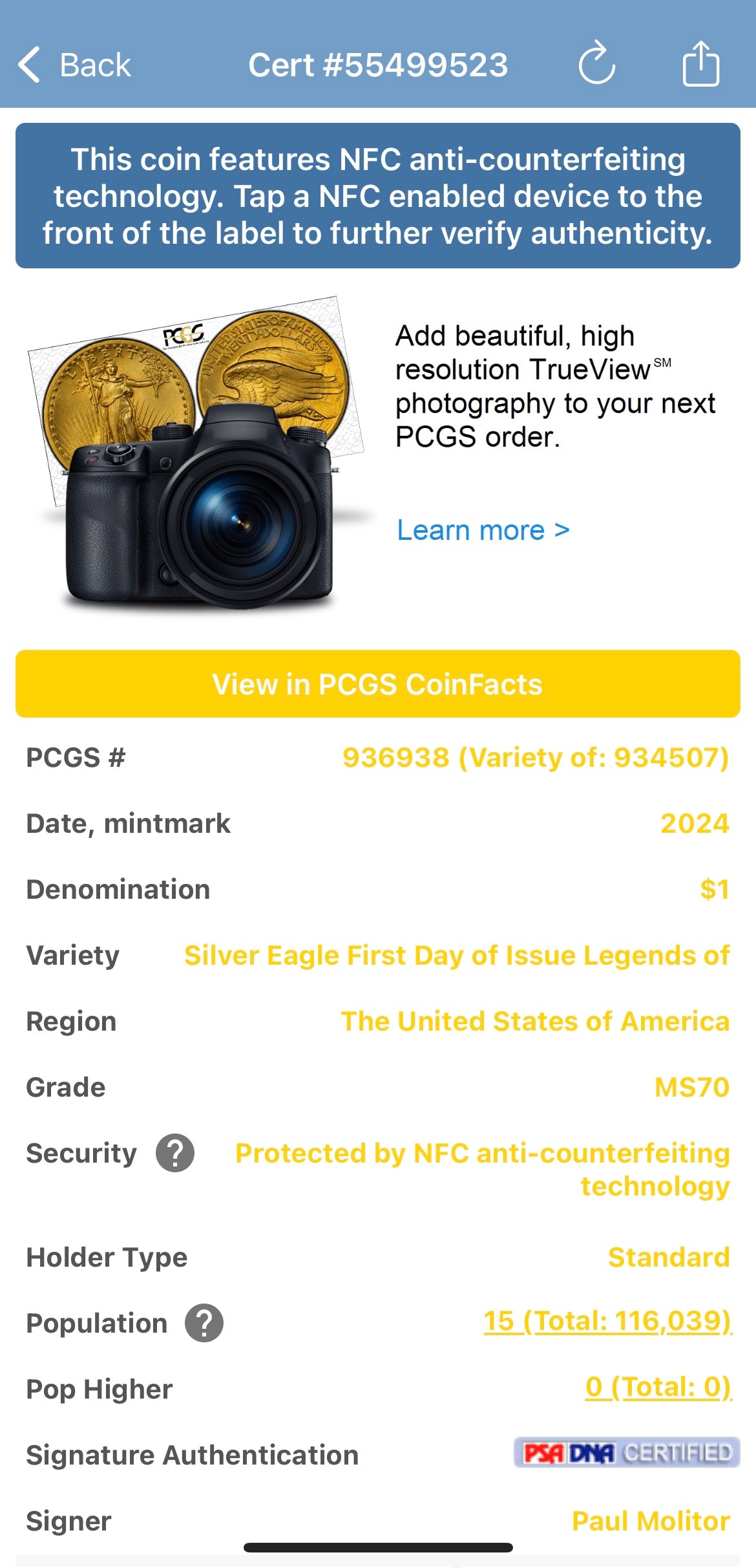 2024 $1 American Silver Eagle PCGS MS70 FDOI Legends of Life MLB Hall of Fame Paul Molitor Signed Label Mint Condition (Rare 1 of 15)