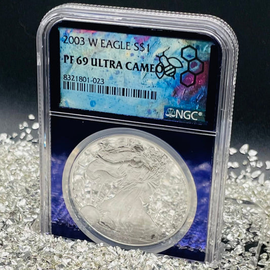 Proof 2003 (W) $1 American Silver Eagle NGC PF69 Trader Bea Private Issue Purple Foil New Holder Rare