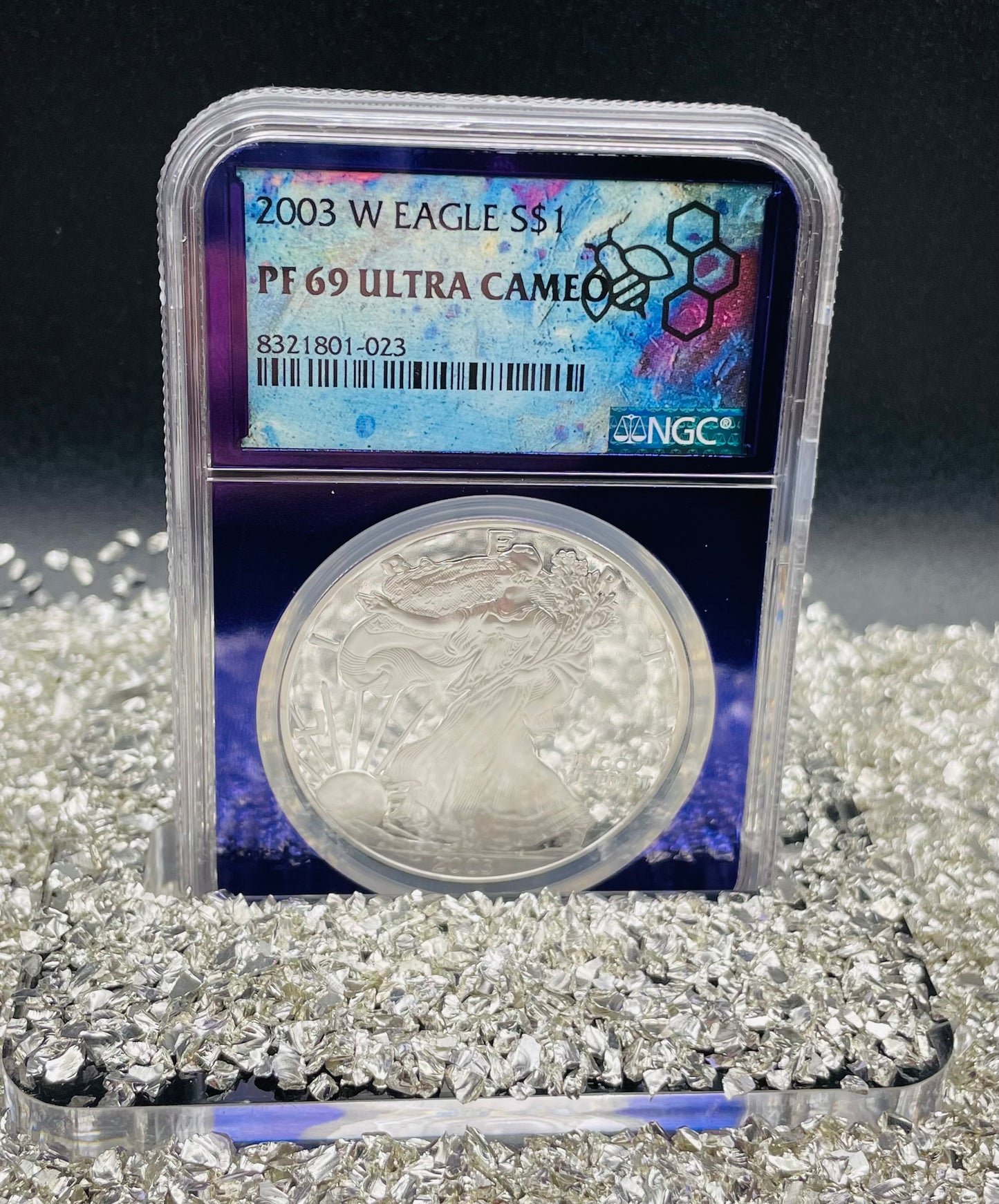Proof 2003 (W) $1 American Silver Eagle NGC PF69 Trader Bea Private Issue Purple Foil New Holder Rare