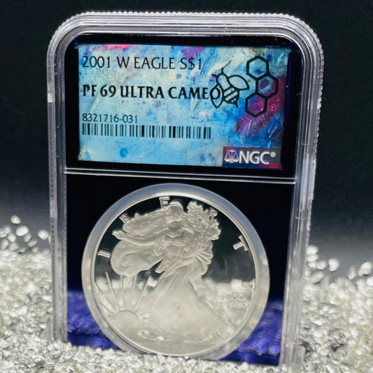Proof 2001 (W) $1 American Silver Eagle NGC PF69 Trader Bea Private Issue Purple Foil Mint Condition Rare