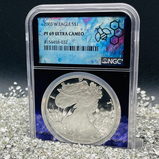 Proof 2003 (W) $1 American Silver Eagle NGC PF69 Trader Bea Private Issue Purple Foil Holder Rare