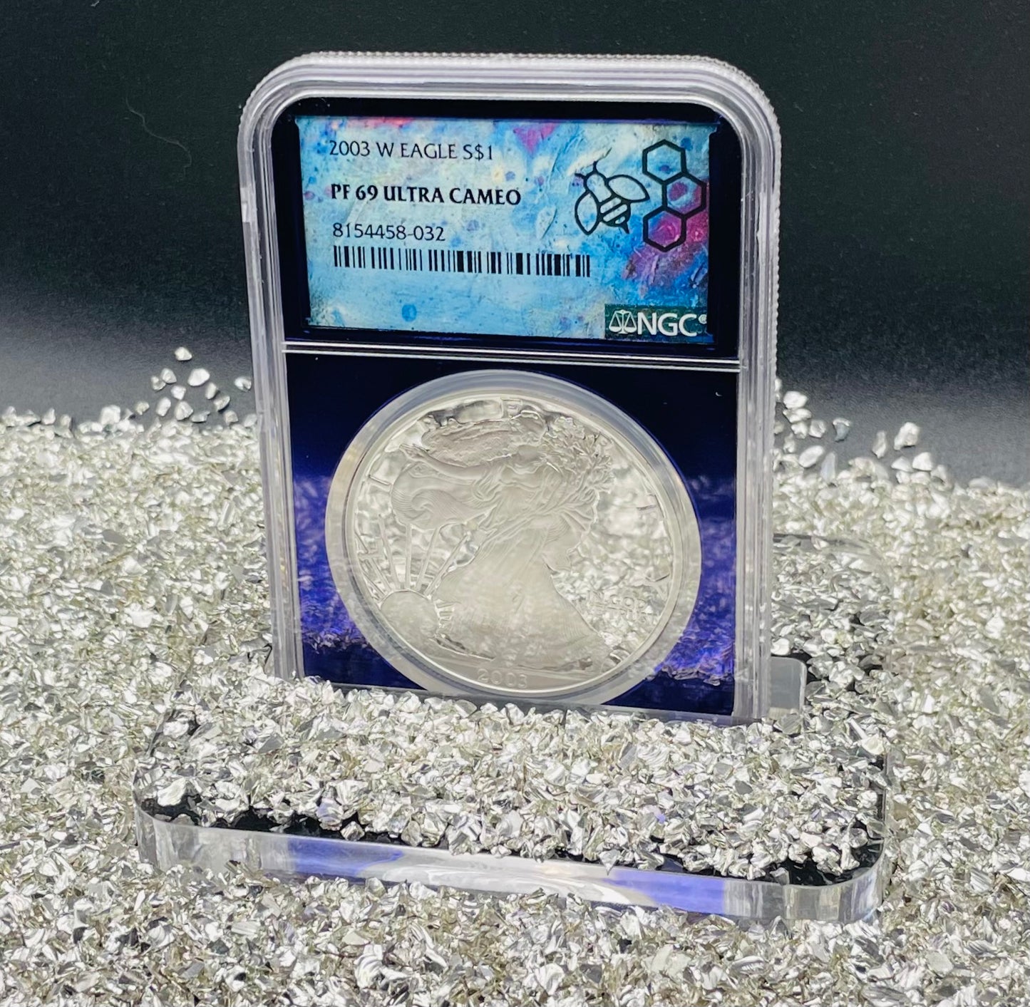 Proof 2003 (W) $1 American Silver Eagle NGC PF69 Trader Bea Private Issue Purple Foil Holder Rare