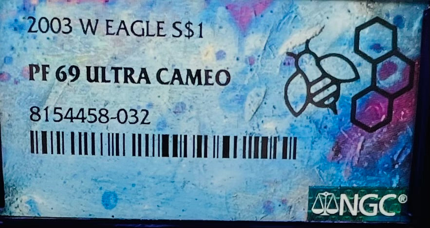 Proof 2003 (W) $1 American Silver Eagle NGC PF69 Trader Bea Private Issue Purple Foil Holder Rare