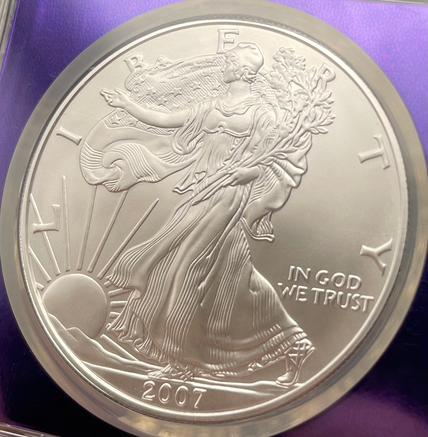 Burnished 2007 $1 (W) American Silver Eagle NGC MS70 Private Issue Limited Edition Trader Bea Purple Holder Mint Condition