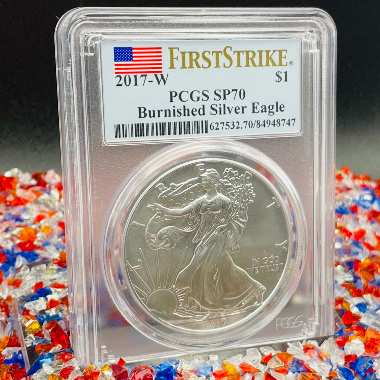 Burnished 2017 (W) $1 American Silver Eagle PCGS SP70 First Strike American Flag Label Mint Condition (1 of 4,869)