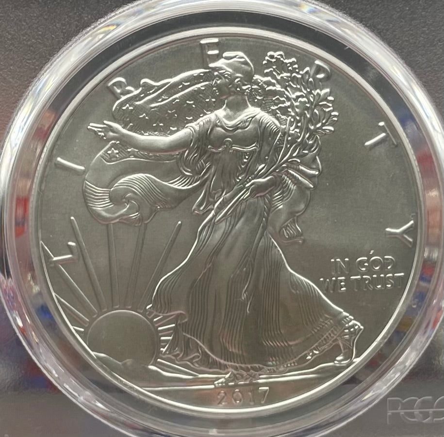 Burnished 2017 (W) $1 American Silver Eagle PCGS SP70 First Strike American Flag Label Mint Condition (1 of 4,869)