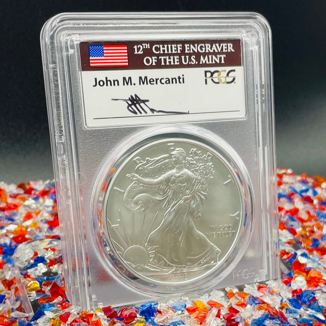 Burnished 2018 (W) $1 American Silver Eagle PCGS SP70 First Day of Issue John M. Mercanti Signed Label Mint Condition (1 of 150)