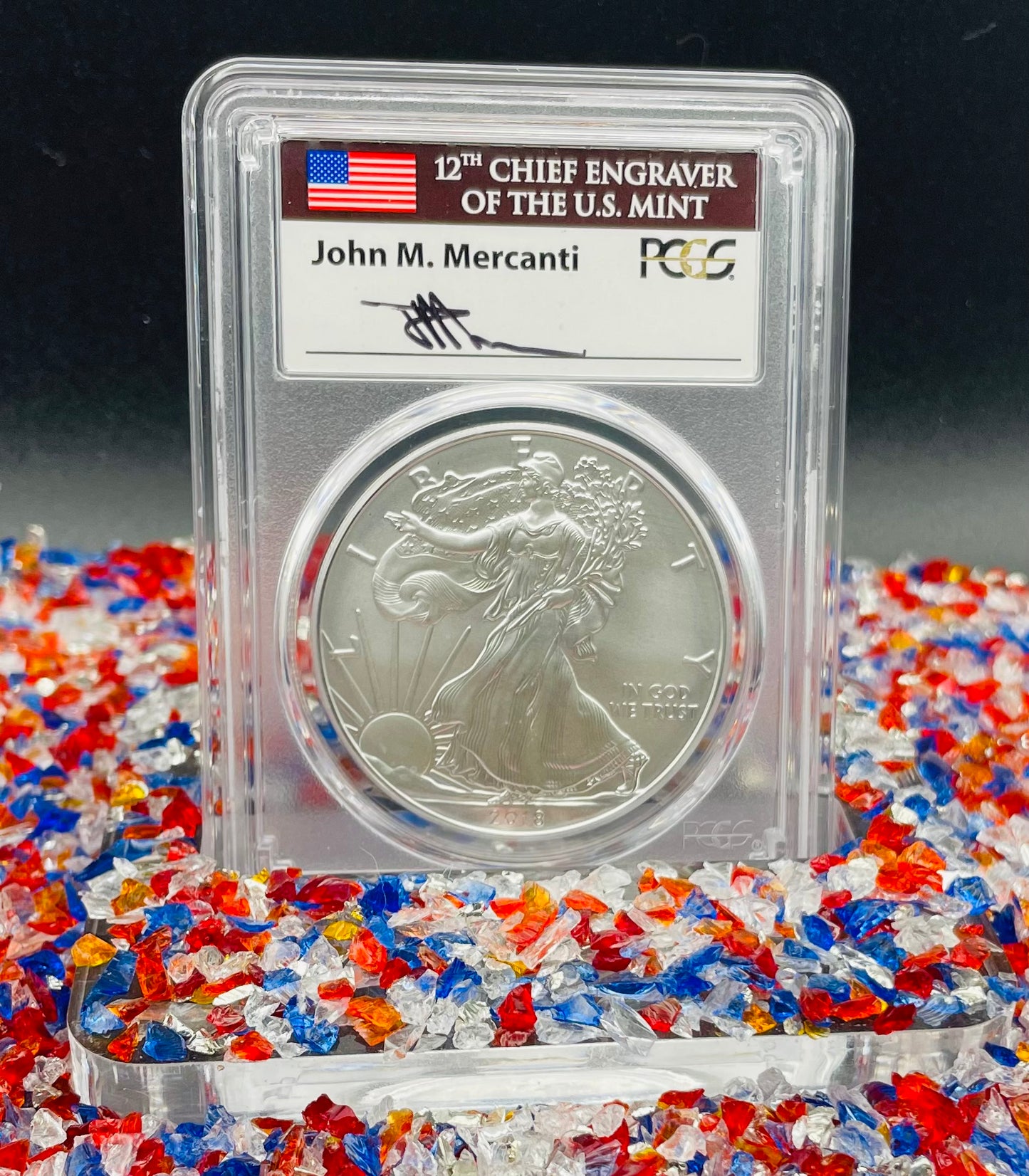 Burnished 2018 (W) $1 American Silver Eagle PCGS SP70 First Day of Issue John M. Mercanti Signed Label Mint Condition (1 of 150)