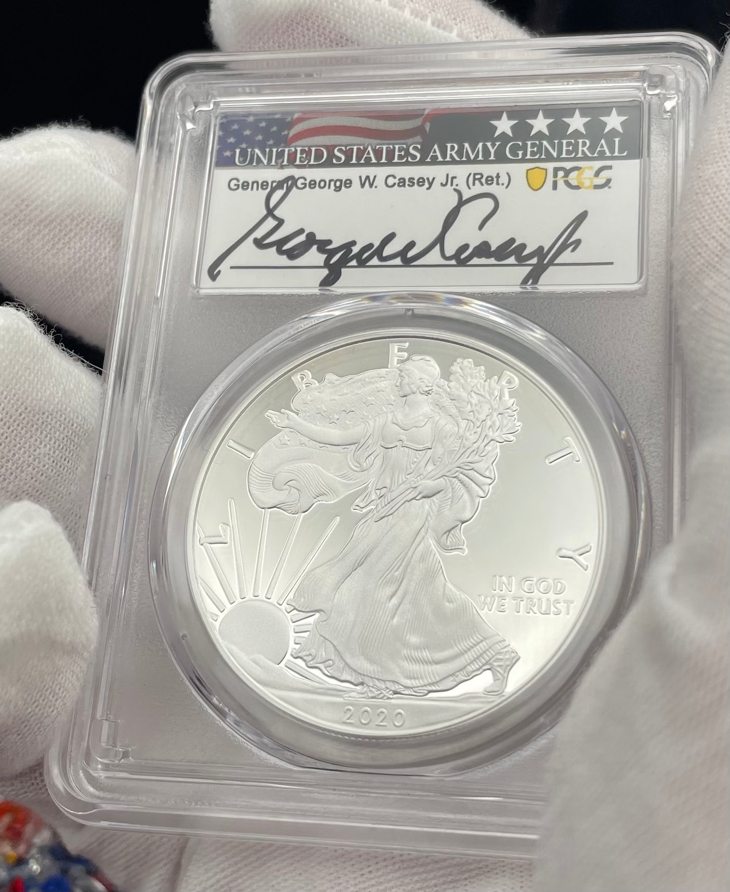 Proof 2020 (W) $1 American Silver Eagle PCGS PR70DCAM First Strike US Army General 5 Star General George Casey Jr (Ret) Signed (1 of 100)