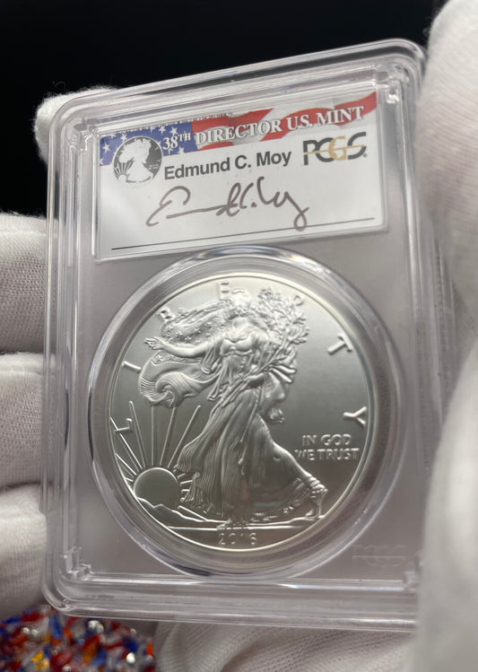 Burnished 2016 (W) $1 American Silver Eagle PCGS SP70 First Strike Edmund C Moy Signed Label Mint Condition (1 of 1,114)