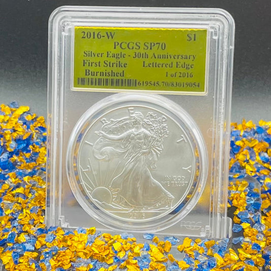 Burnished 2016 (W) $1 American Silver Eagle PCGS SP70 First Strike Gold Foil Label Mint Condition (1 of 2,016)