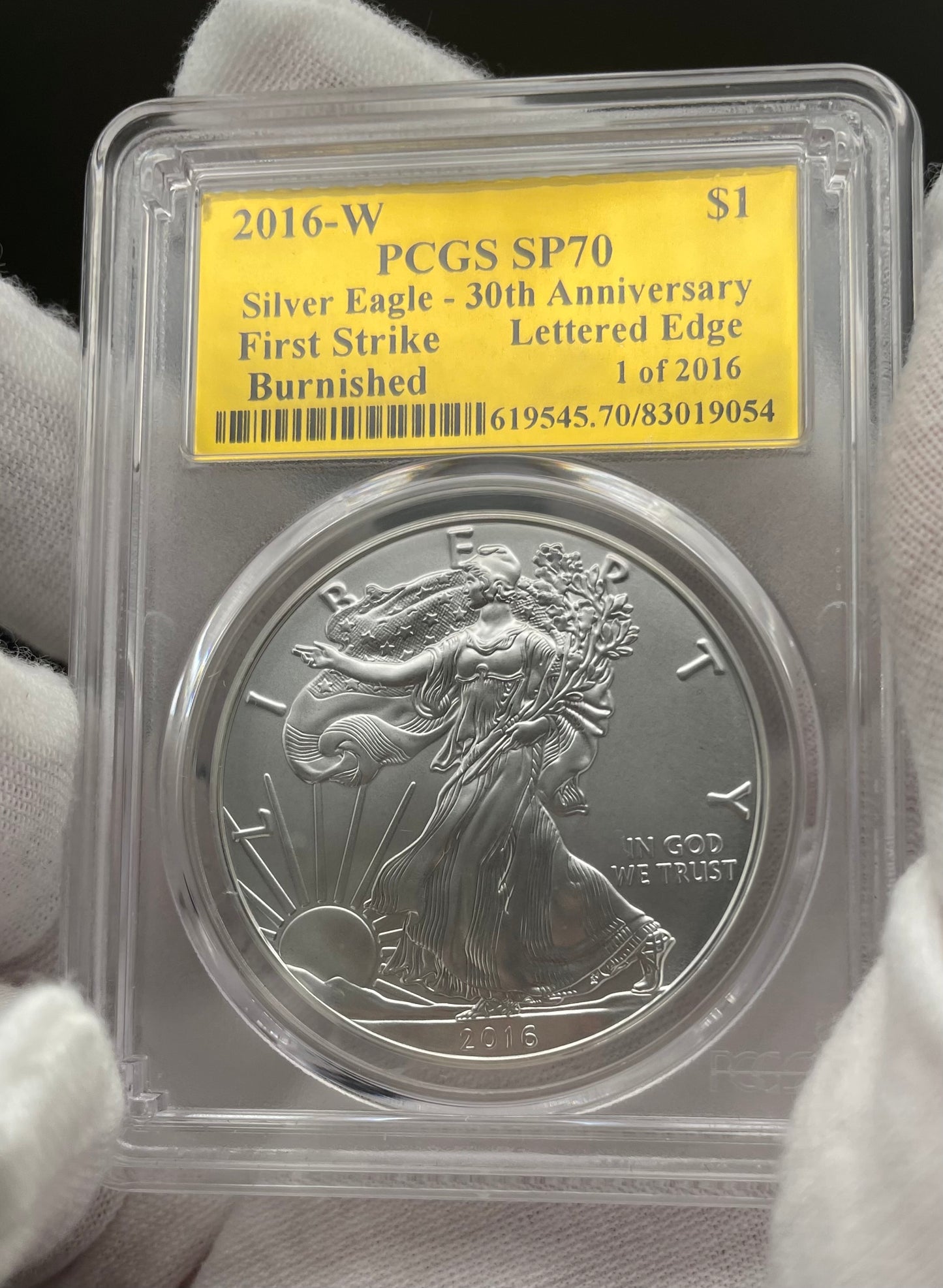Burnished 2016 (W) $1 American Silver Eagle PCGS SP70 First Strike Gold Foil Label Mint Condition (1 of 2,016)