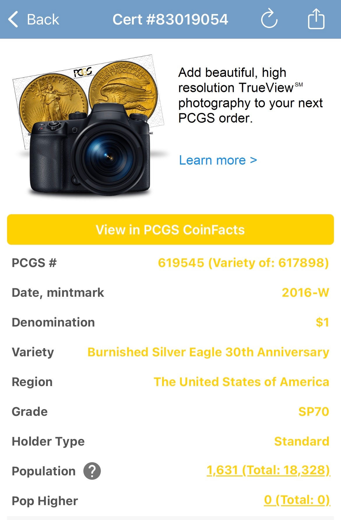 Burnished 2016 (W) $1 American Silver Eagle PCGS SP70 First Strike Gold Foil Label Mint Condition (1 of 2,016)