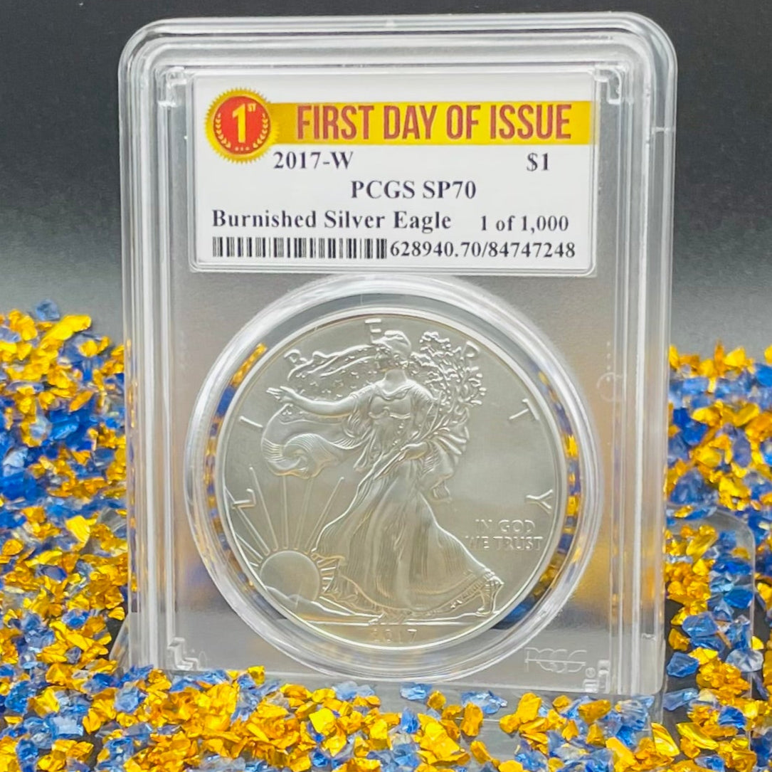 Burnished 2017 (W) $1 American Silver Eagle PCGS SP70 First Day of Issue Rare Label Mint Condition (1 of 1,000)