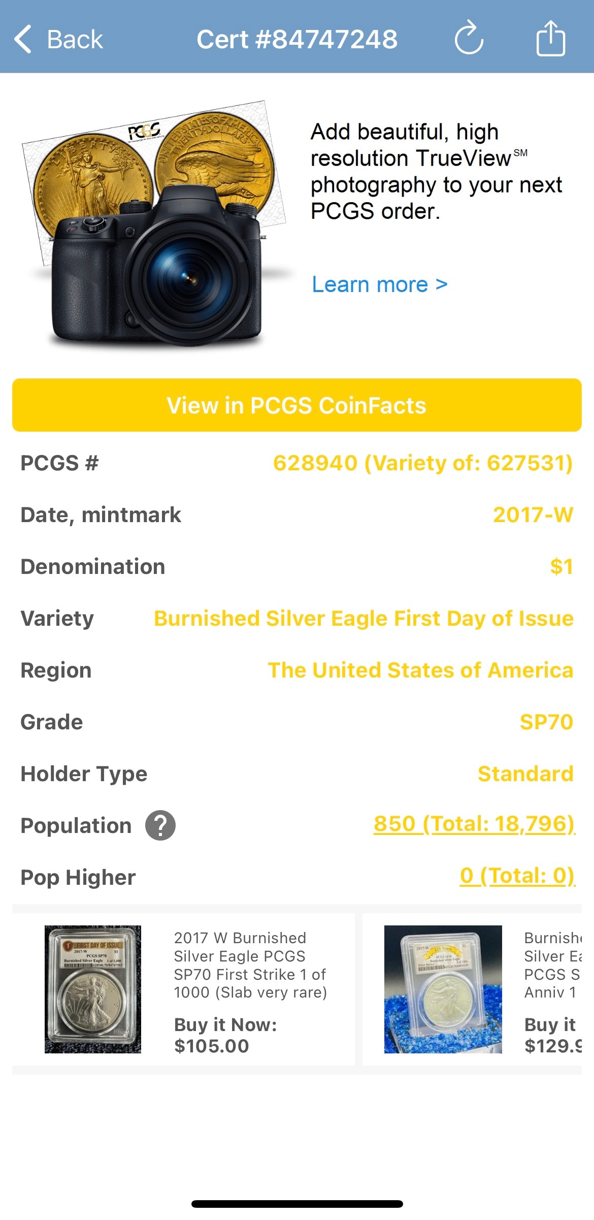 Burnished 2017 (W) $1 American Silver Eagle PCGS SP70 First Day of Issue Rare Label Mint Condition (1 of 1,000)