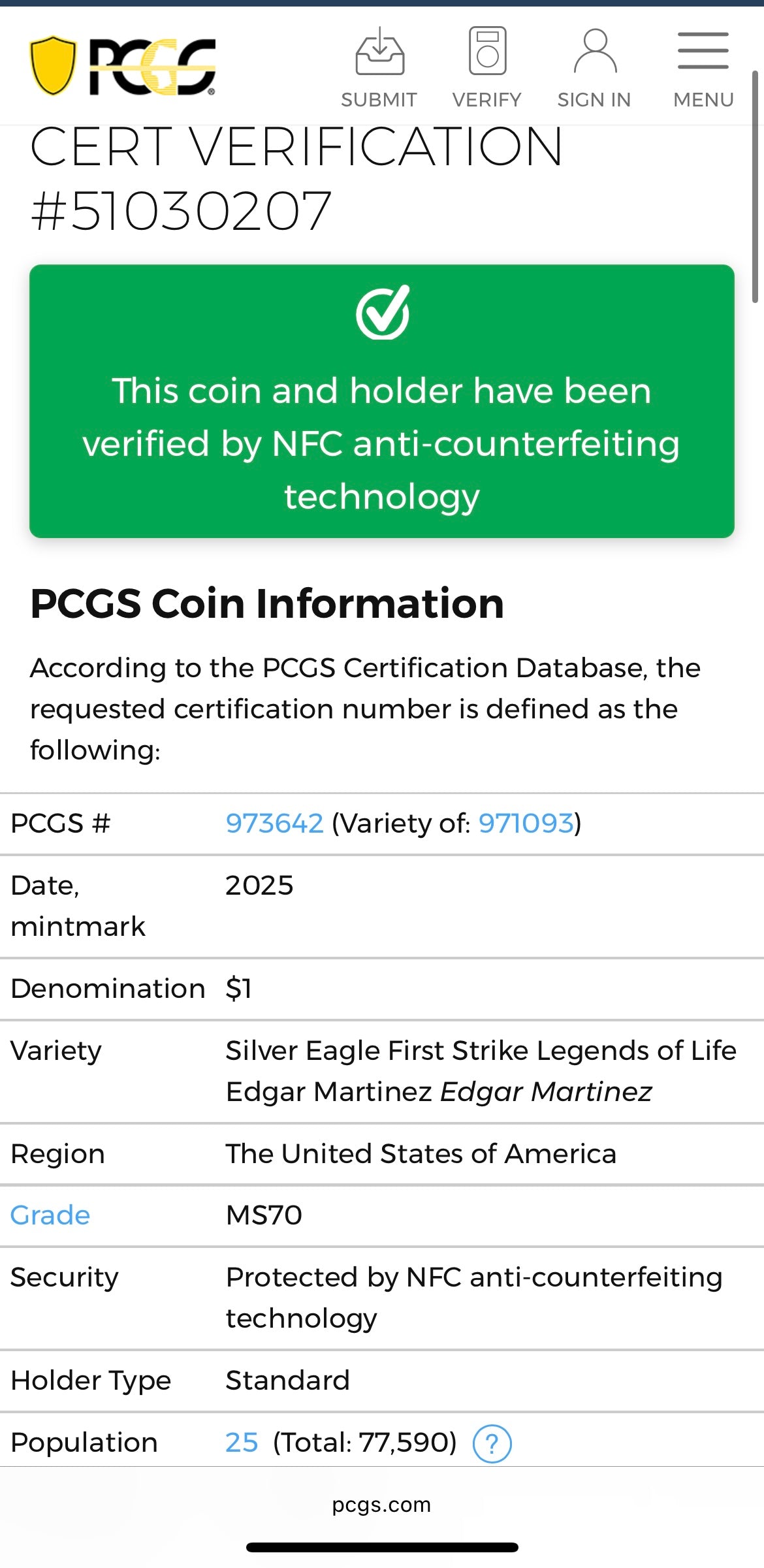 2025 $1 American Silver Eagle PCGS MS70 First Strike Legends of Life MLB Hall of Fame Edgar Martinez Signed Label Mint Condition (1 of 25)