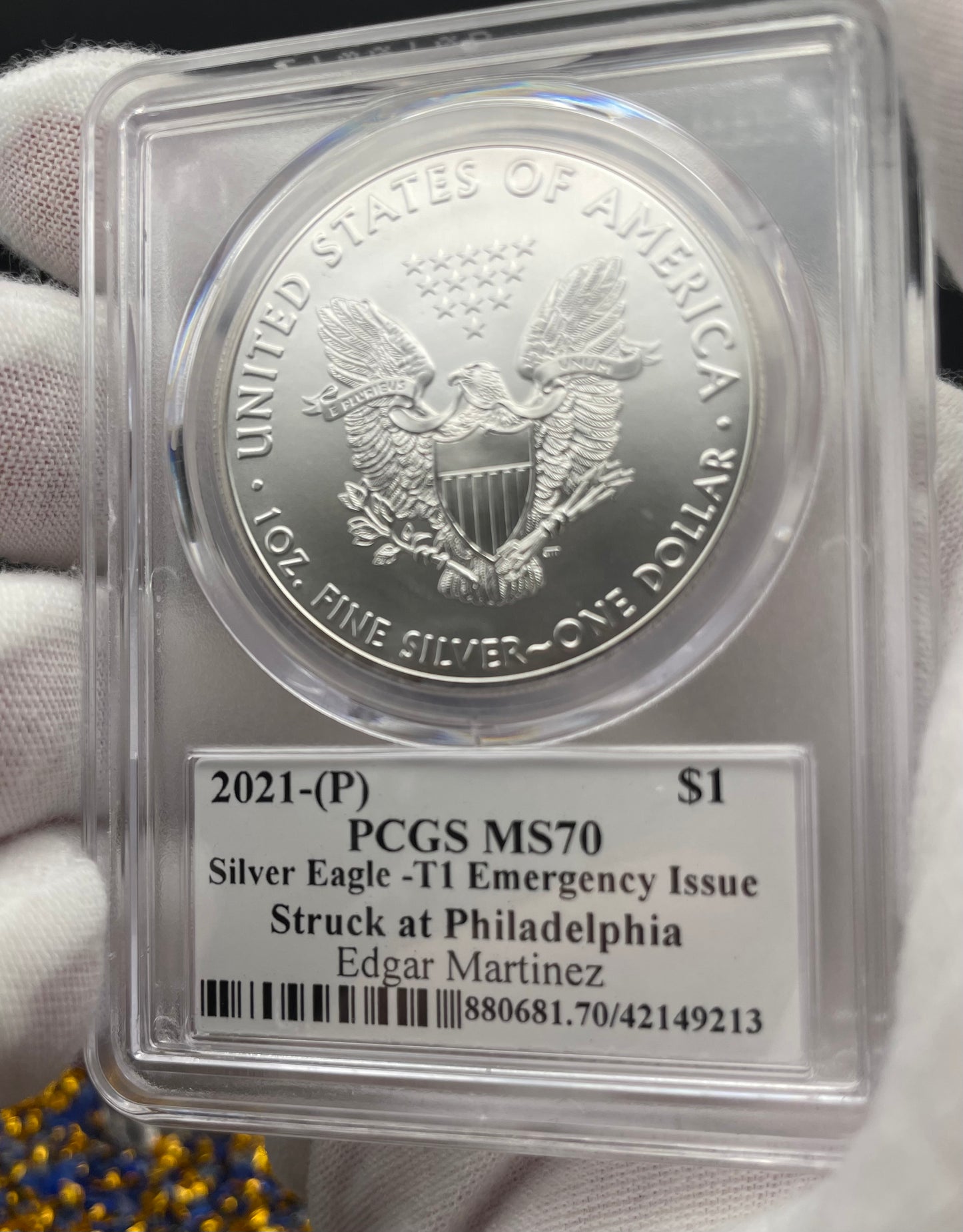 2021 $1 American Silver Eagle PCGS MS70 T-1 Emergency Issue Legends of Life MLB Hall of Fame Edgar Martinez Signed Label (Rare 1 of 150)