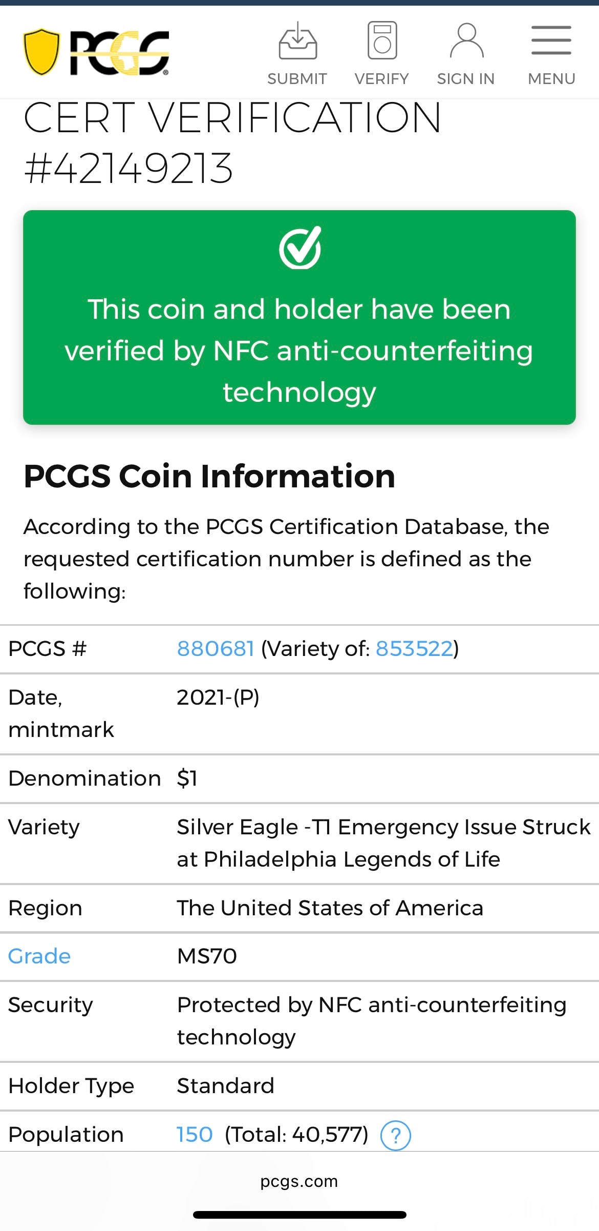 2021 $1 American Silver Eagle PCGS MS70 T-1 Emergency Issue Legends of Life MLB Hall of Fame Edgar Martinez Signed Label (Rare 1 of 150)