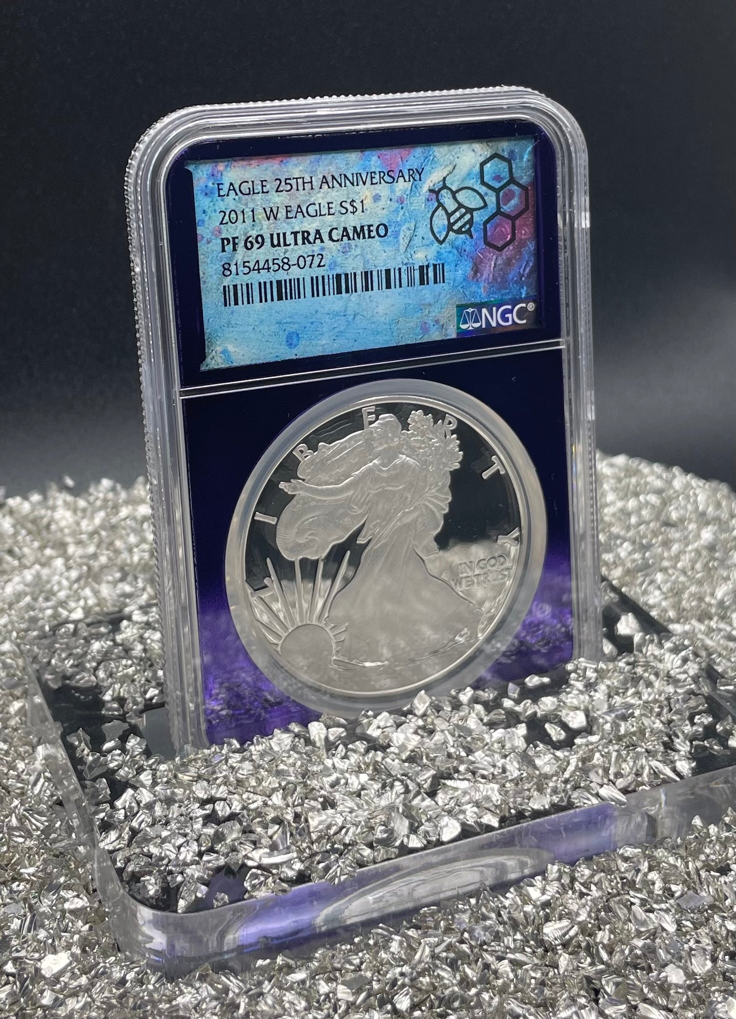 Proof 2011 (W) $1 American Silver Eagle NGC PF69 25th Anniversary Label Trader Bea Private Issue Purple Foil Holder