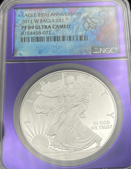 Proof 2011 (W) $1 American Silver Eagle NGC PF69 25th Anniversary Label Trader Bea Private Issue Purple Foil Holder