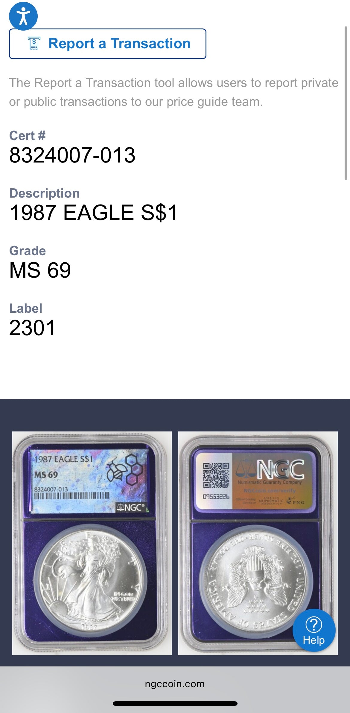 1987 $1 American Silver Eagle NGC MS69 Rare Purple Holder Trader Bea Private Issue