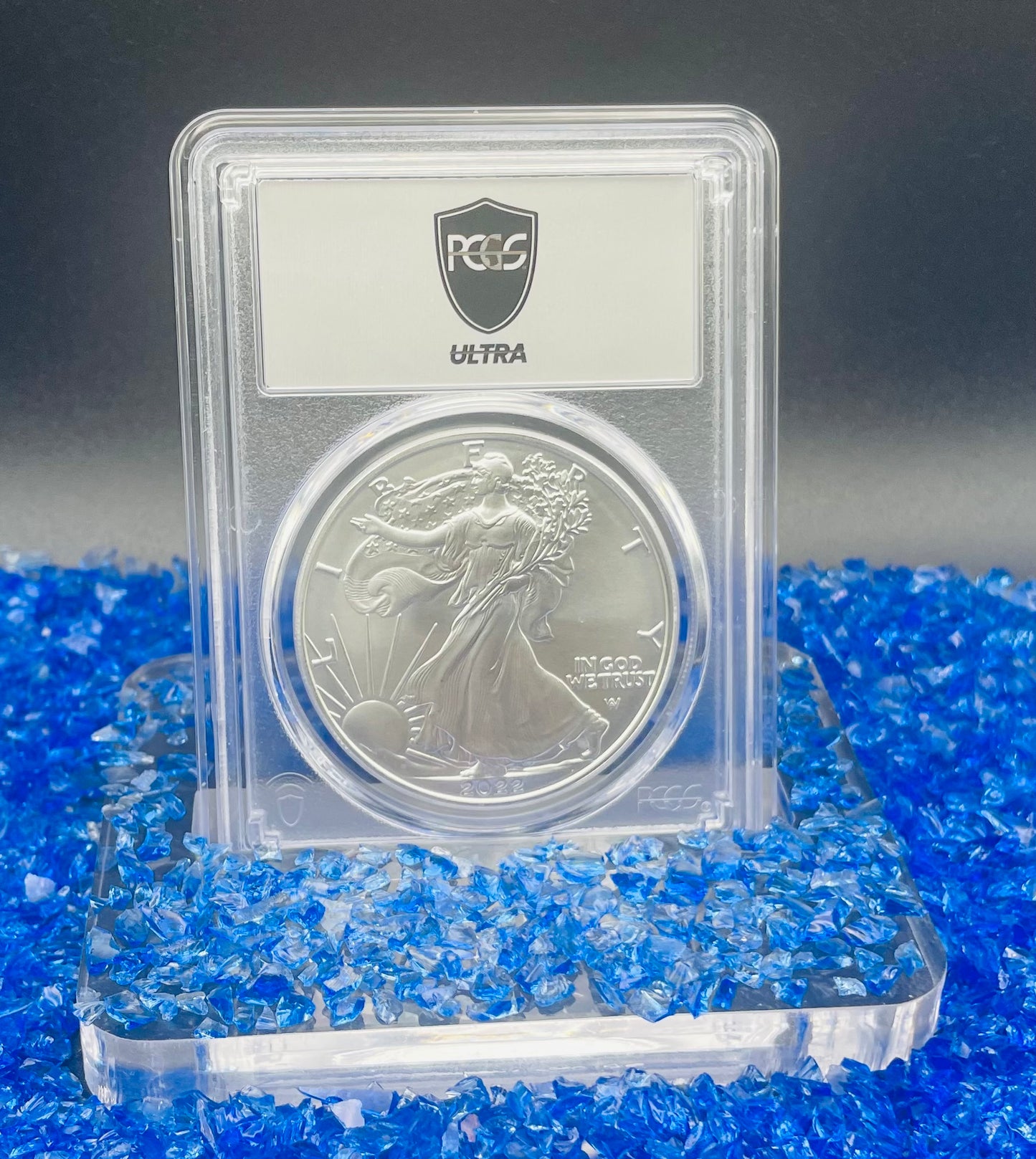 Burnished 2022 (W) $1 American Silver Eagle PCGS SP70 US Mint Private Auction Ultra Breaks Silver Foil Label Mint Condition (1 of 1,335)