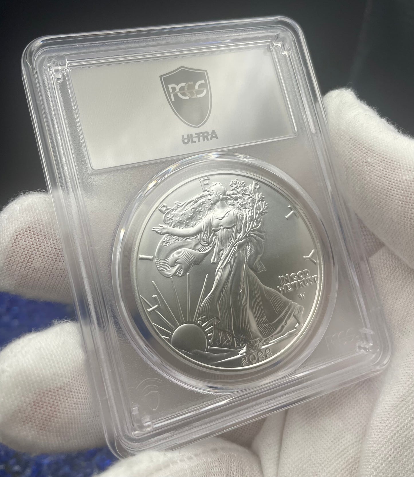 Burnished 2022 (W) $1 American Silver Eagle PCGS SP70 US Mint Private Auction Ultra Breaks Silver Foil Label Mint Condition (1 of 1,335)