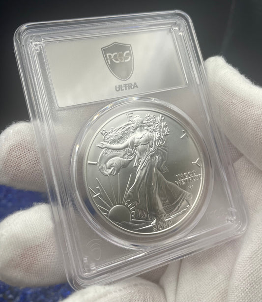 Burnished 2022 (W) $1 American Silver Eagle PCGS SP70 US Mint Private Auction Ultra Breaks Silver Foil Label Mint Condition (1 of 1,335)