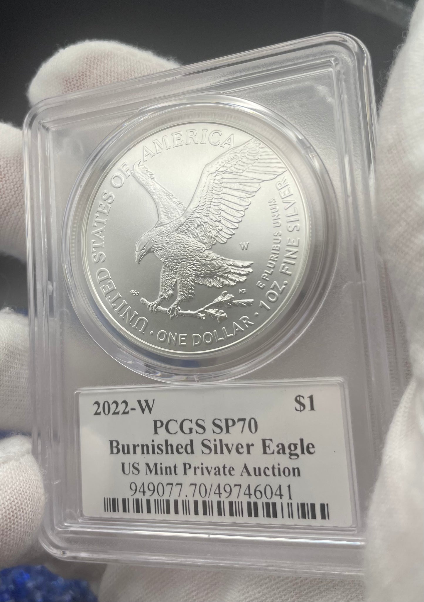 Burnished 2022 (W) $1 American Silver Eagle PCGS SP70 US Mint Private Auction Ultra Breaks Silver Foil Label Mint Condition (1 of 1,335)