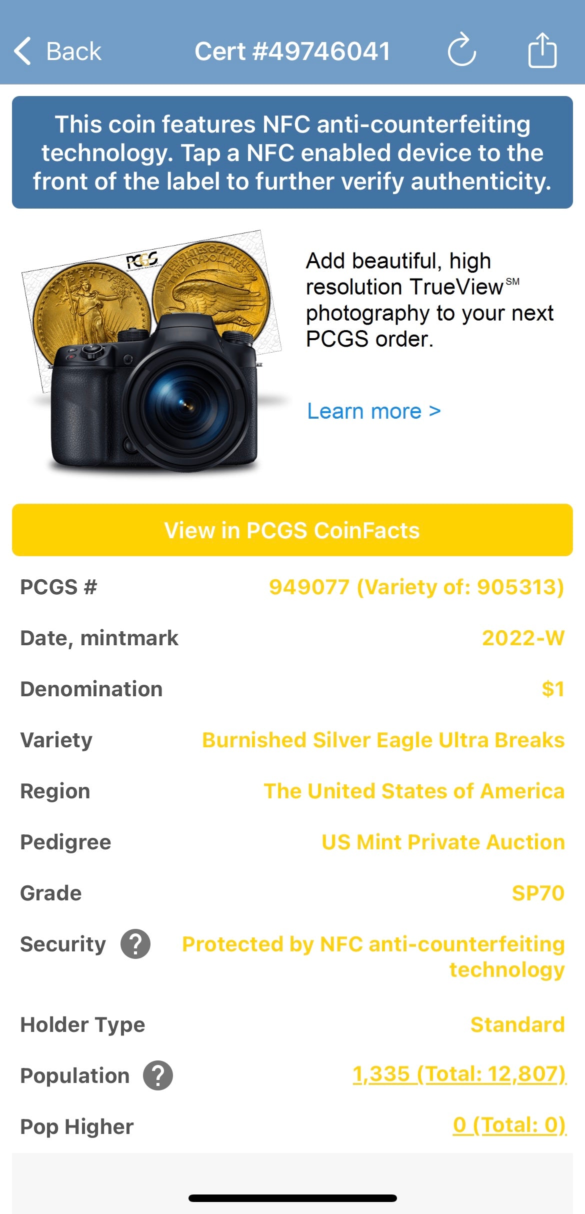 Burnished 2022 (W) $1 American Silver Eagle PCGS SP70 US Mint Private Auction Ultra Breaks Silver Foil Label Mint Condition (1 of 1,335)