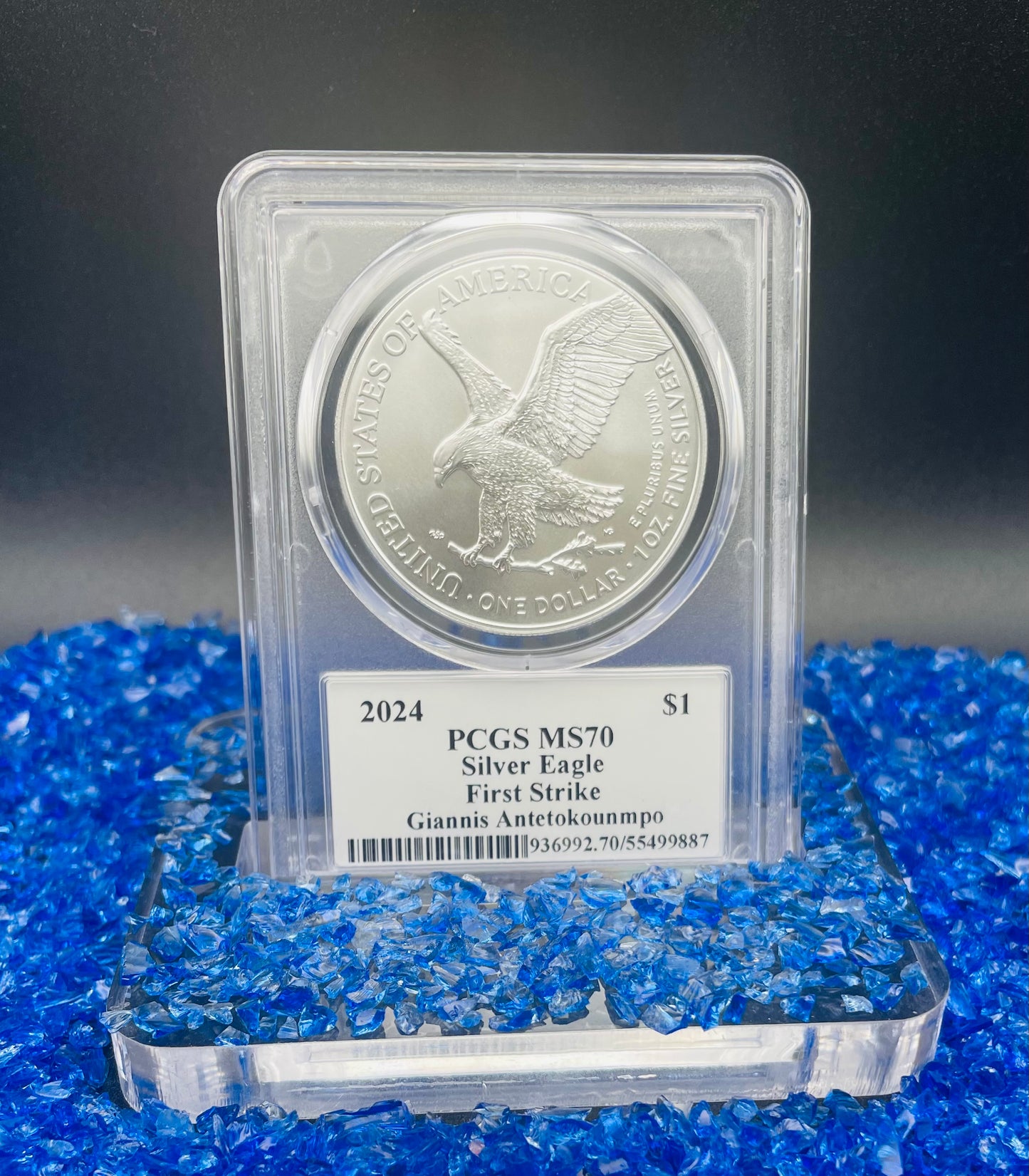 2024 $1 American Silver Eagle PCGS MS70 FS Legends of Life NBA Hall of Fame Giannis Antetokounmpo Signed Label. Mint Condition (Rare 1 of 45)