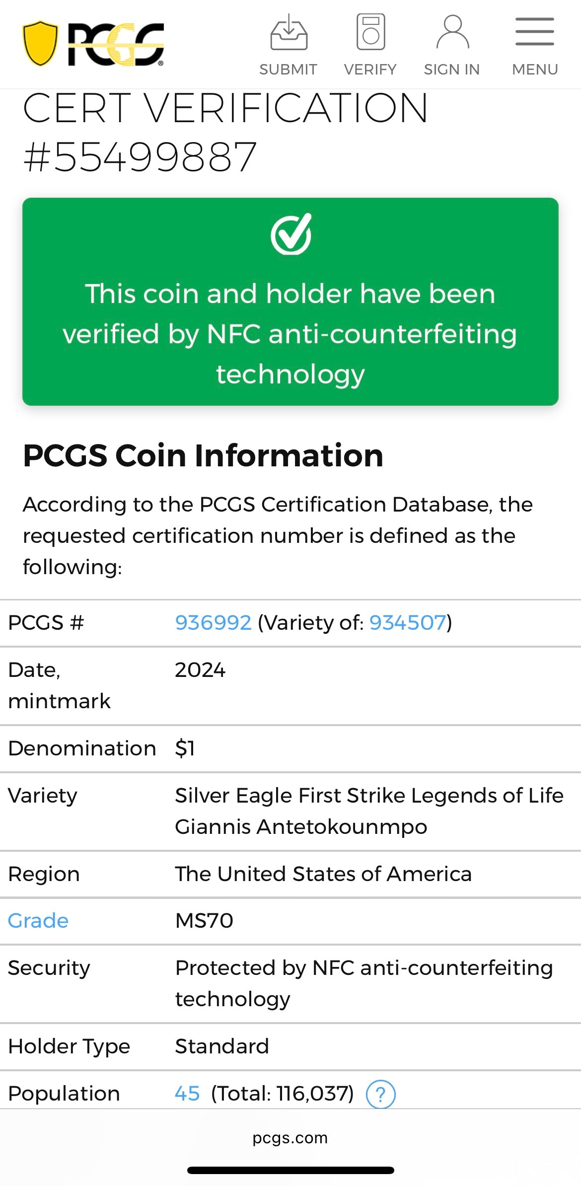 2024 $1 American Silver Eagle PCGS MS70 FS Legends of Life NBA Hall of Fame Giannis Antetokounmpo Signed Label. Mint Condition (Rare 1 of 45)