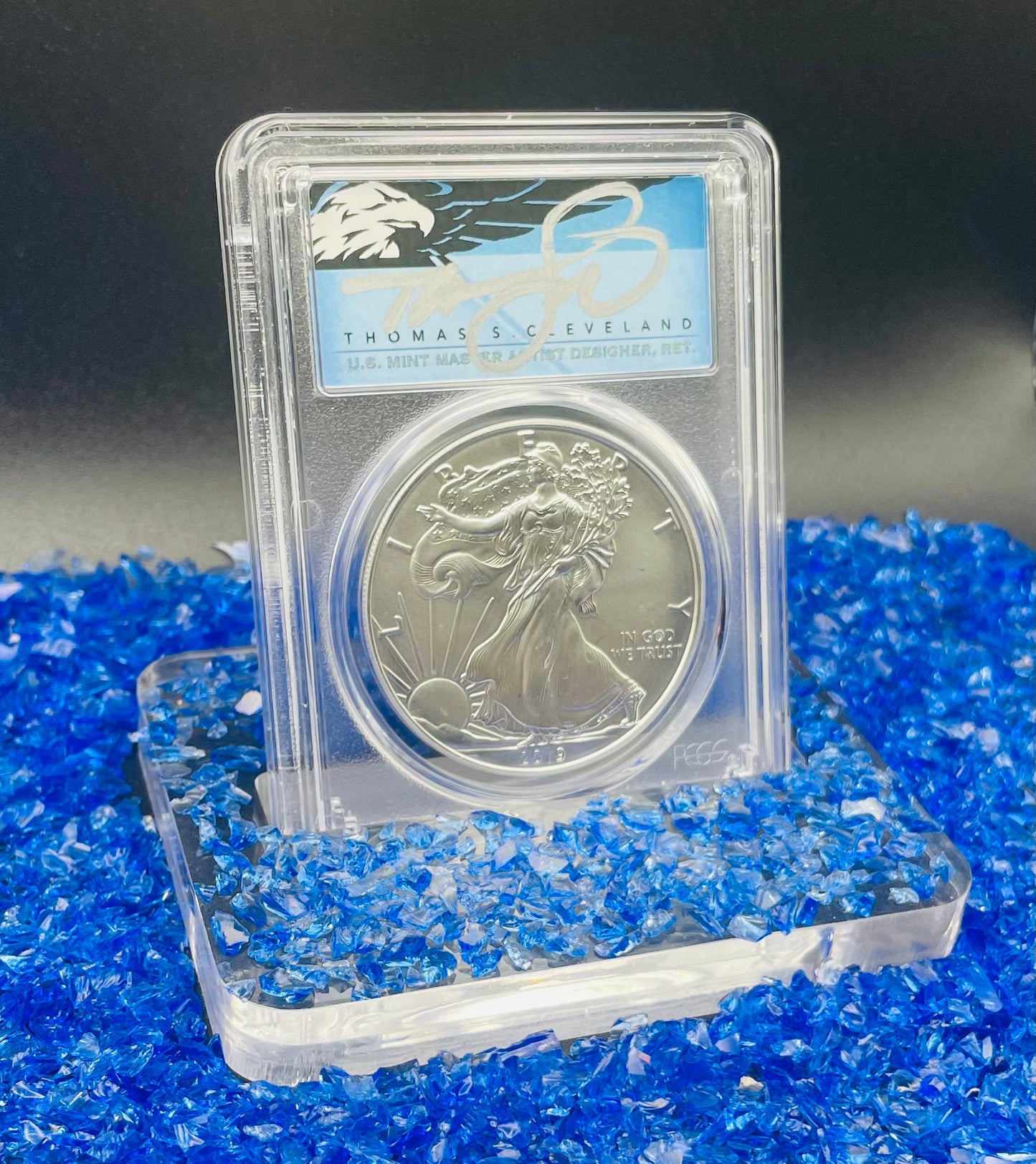 Burnished 2019 (W) $1 American Silver Eagle PCGS SP70 First Strike U.S. Mint AIP Master Designer Blue Label Signed by Thomas S. Cleveland Mint Condition (1 of 150)