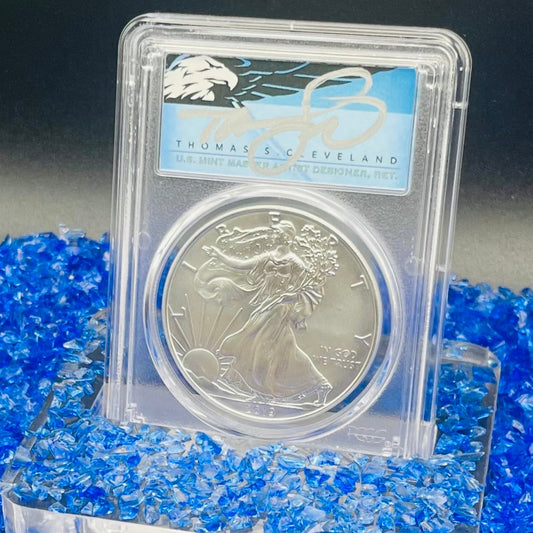 Burnished 2019 (W) $1 American Silver Eagle PCGS SP70 First Strike U.S. Mint AIP Master Designer Blue Label Signed by Thomas S. Cleveland Mint Condition (1 of 150)