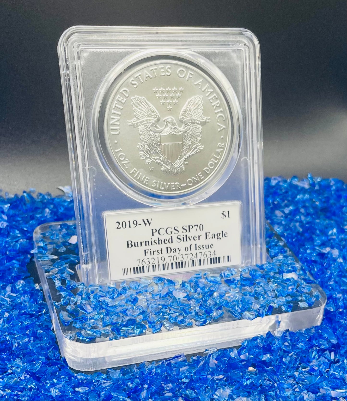 Burnished 2019 (W) $1 American Silver Eagle PCGS SP70 First Strike U.S. Mint AIP Master Designer Blue Label Signed by Thomas S. Cleveland Mint Condition (1 of 150)