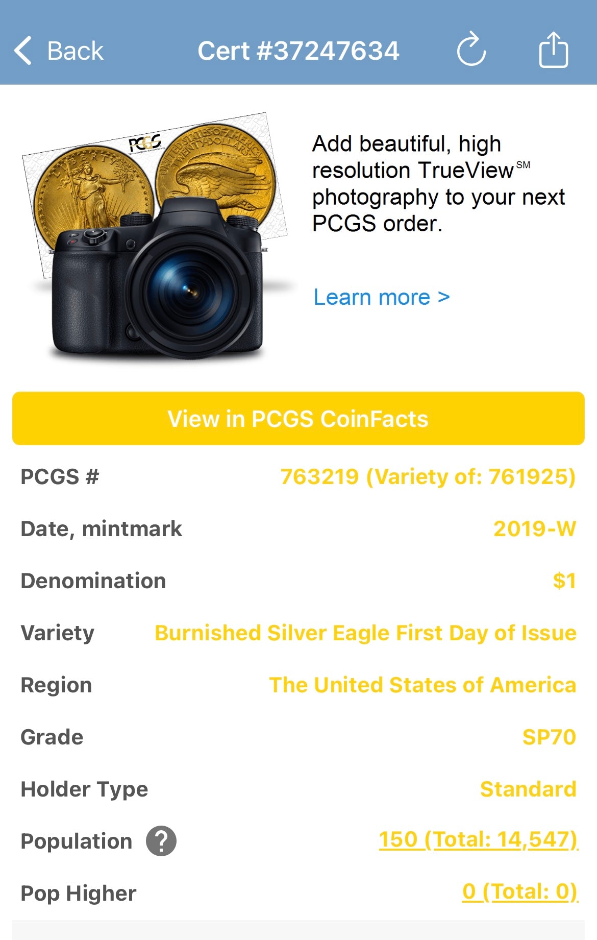 Burnished 2019 (W) $1 American Silver Eagle PCGS SP70 First Strike U.S. Mint AIP Master Designer Blue Label Signed by Thomas S. Cleveland Mint Condition (1 of 150)