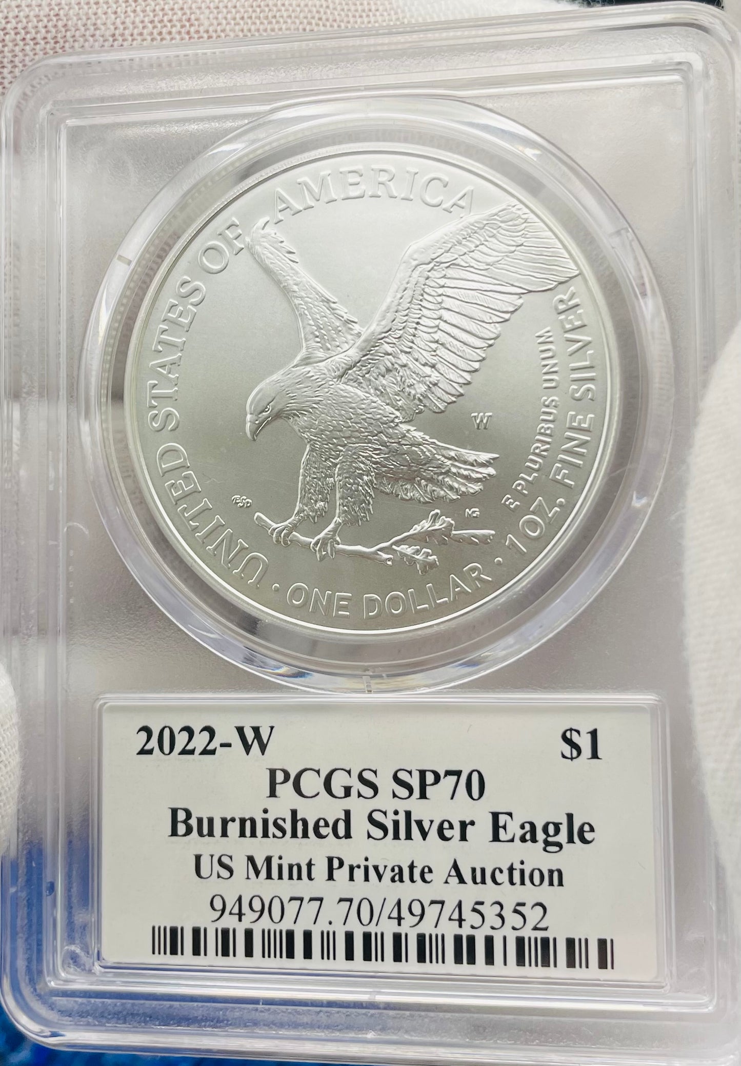 Burnished 2022 (W) $1 American Silver Eagle PCGS SP70 US Mint Private Auction Ultra Breaks Silver Foil Label Mint Condition (1 of 1,335)
