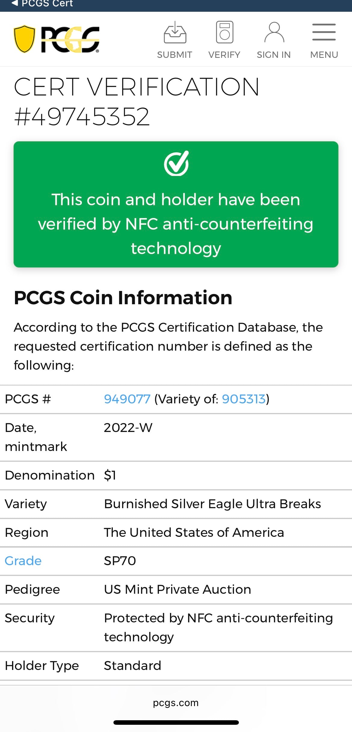 Burnished 2022 (W) $1 American Silver Eagle PCGS SP70 US Mint Private Auction Ultra Breaks Silver Foil Label Mint Condition (1 of 1,335)