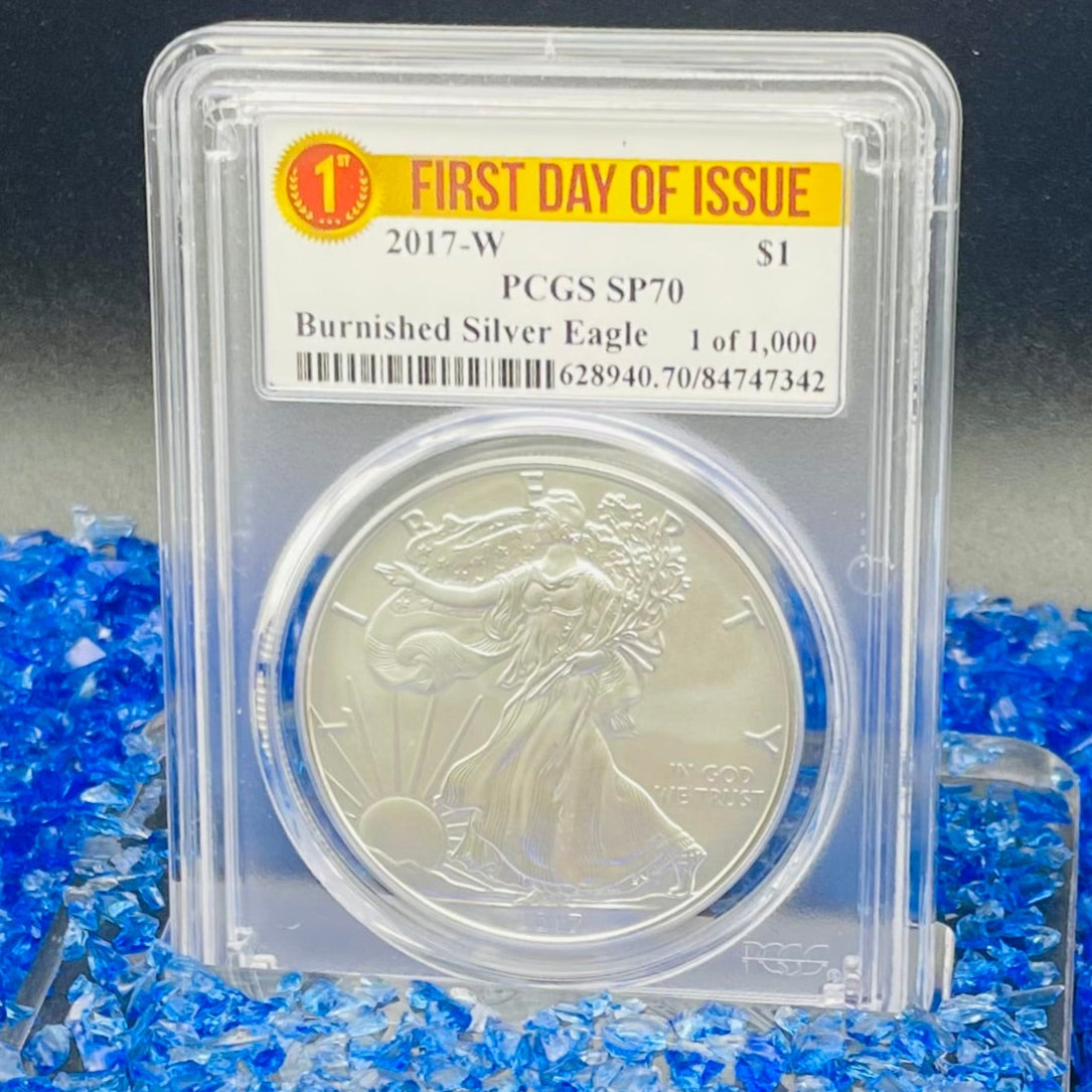 Burnished 2017 (W) $1 American Silver Eagle PCGS SP70 First Day of Issue Rare Label Mint Condition (1 of 1,000)