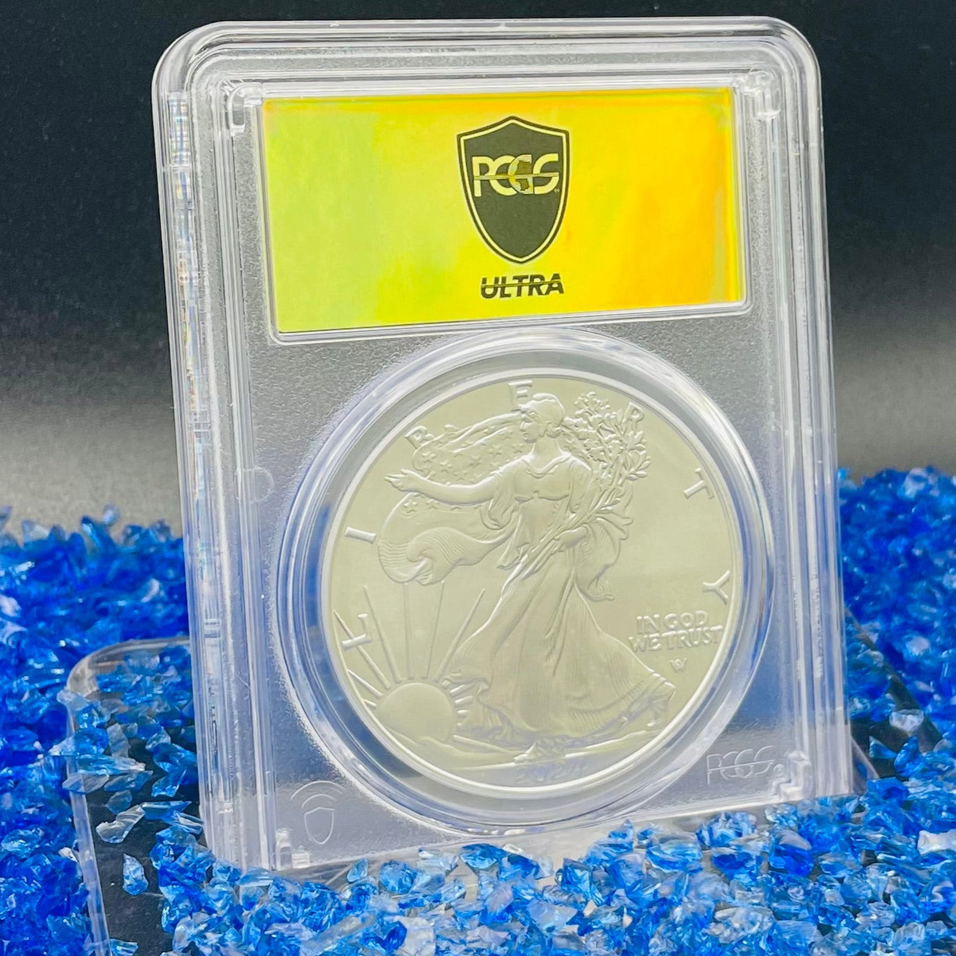 Burnished 2024 (W) $1 American Silver Eagle PCGS SP70 Ultra Breaks Gold Rush Gold Foil Label Mint Condition (1 of 150)