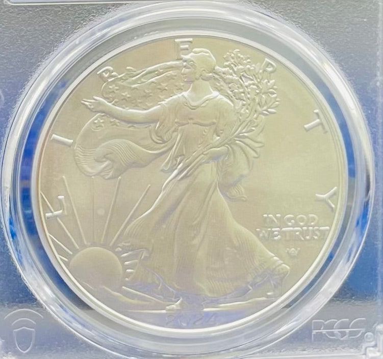 Burnished 2024 (W) $1 American Silver Eagle PCGS SP70 Ultra Breaks Gold Rush Gold Foil Label Mint Condition (1 of 150)