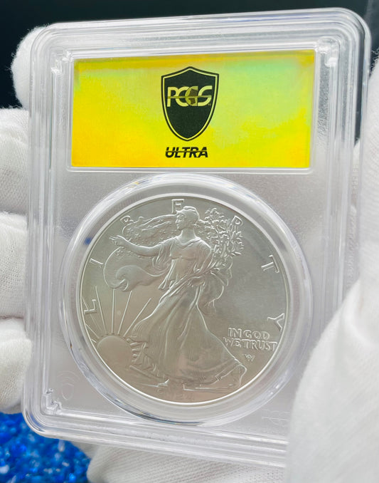 Burnished 2024 (W) $1 American Silver Eagle PCGS SP70 Ultra Breaks Gold Rush Gold Foil Label Mint Condition (1 of 150)