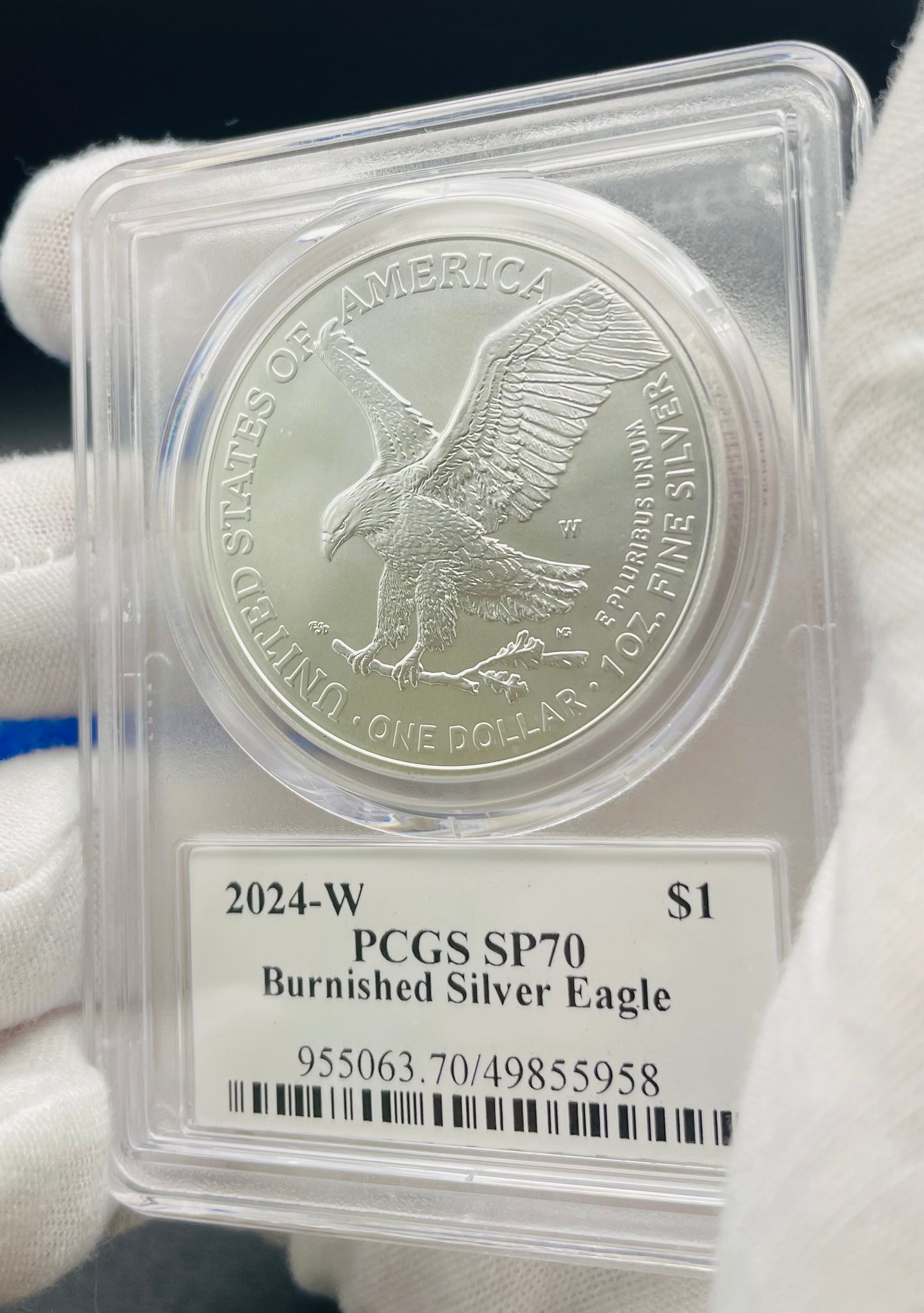 Burnished 2024 (W) $1 American Silver Eagle PCGS SP70 Ultra Breaks Gold Rush Gold Foil Label Mint Condition (1 of 150)