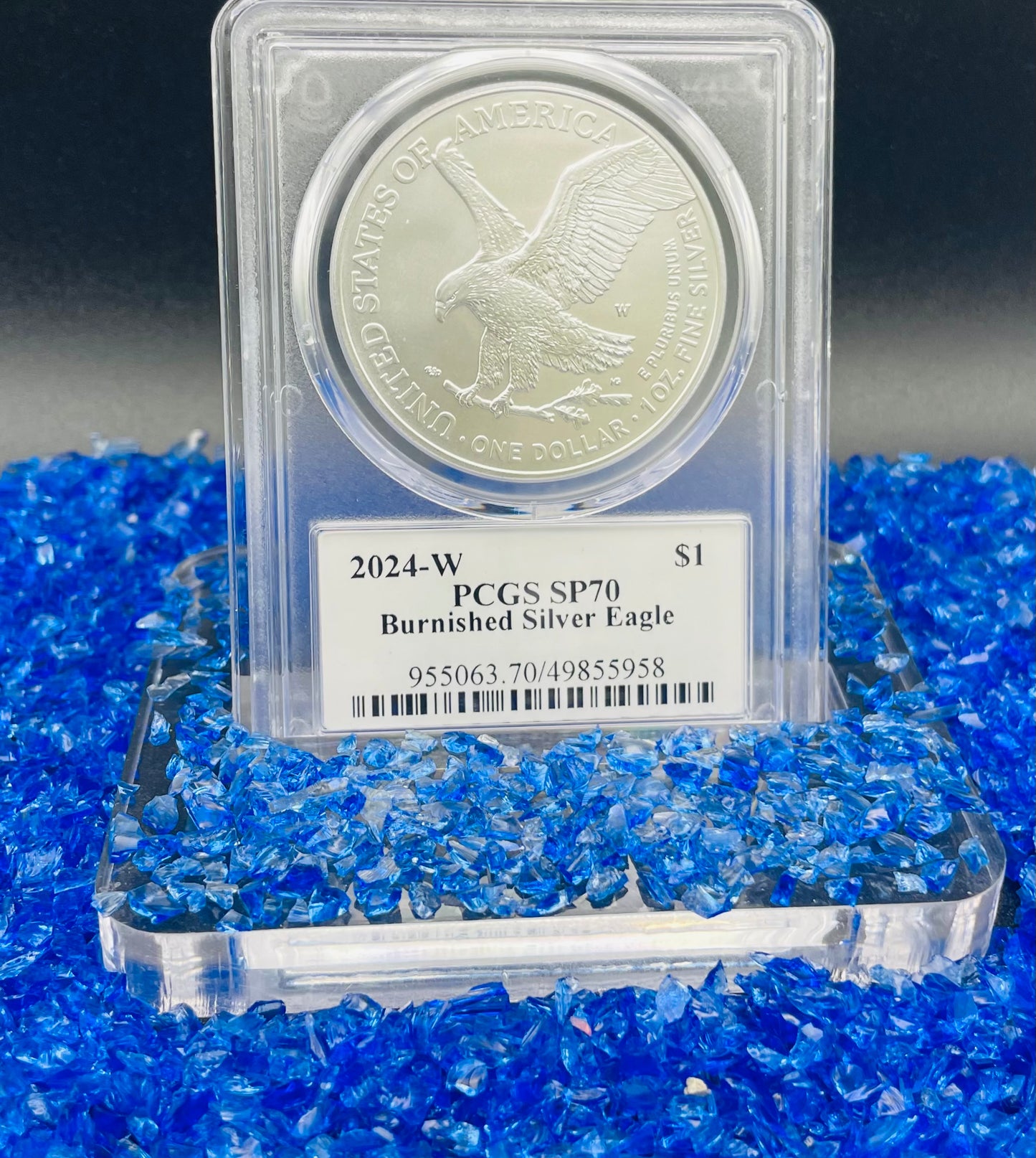 Burnished 2024 (W) $1 American Silver Eagle PCGS SP70 Ultra Breaks Gold Rush Gold Foil Label Mint Condition (1 of 150)