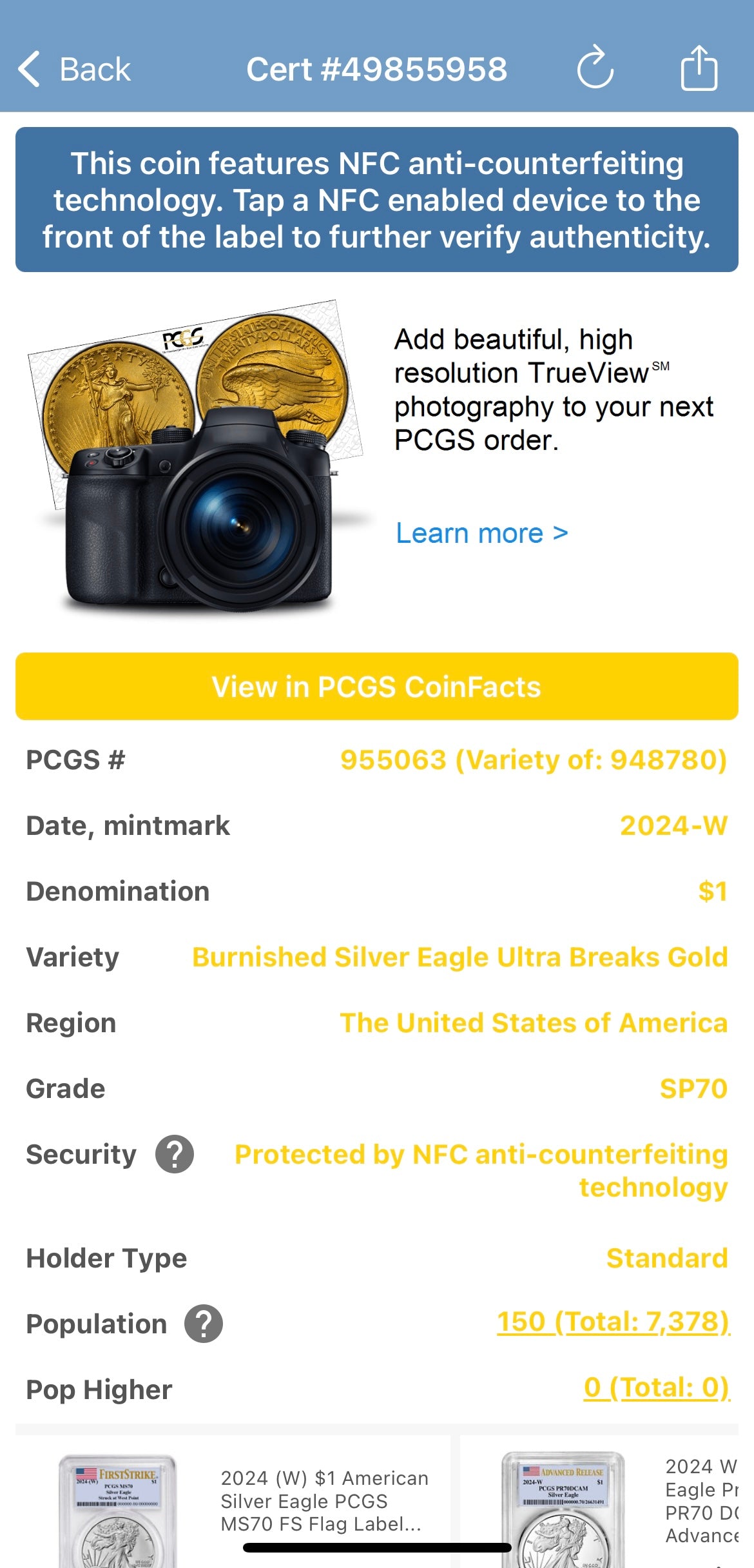 Burnished 2024 (W) $1 American Silver Eagle PCGS SP70 Ultra Breaks Gold Rush Gold Foil Label Mint Condition (1 of 150)