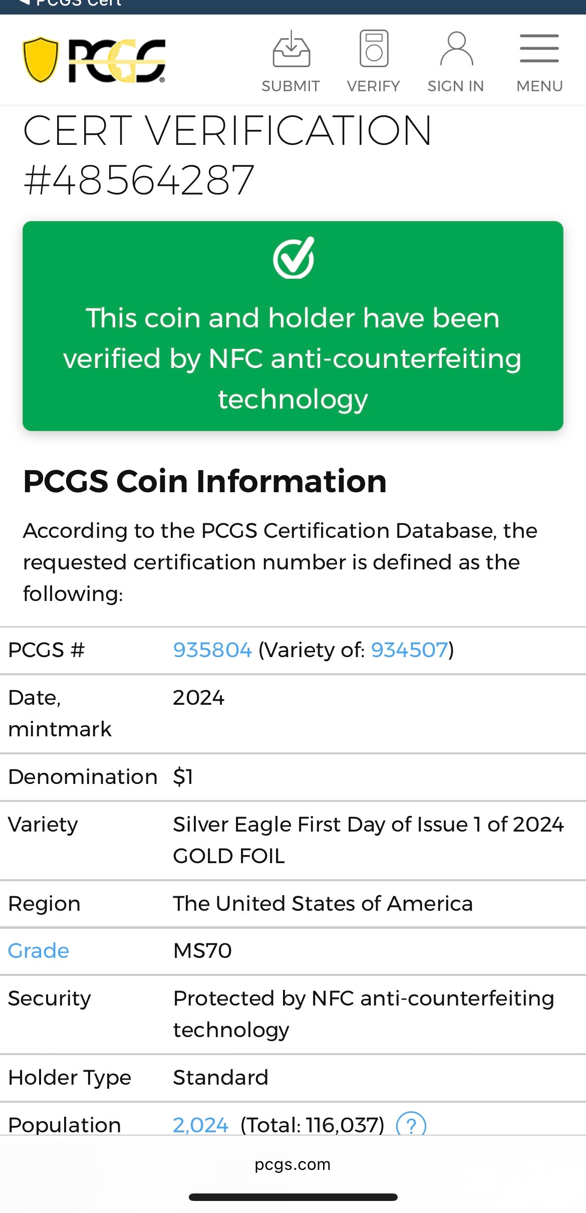 2024 $1 (W) American Silver Eagle PCGS MS70 First Day of Issue Gold Foil Label Mint Condition (Rare 1 of 2,024)