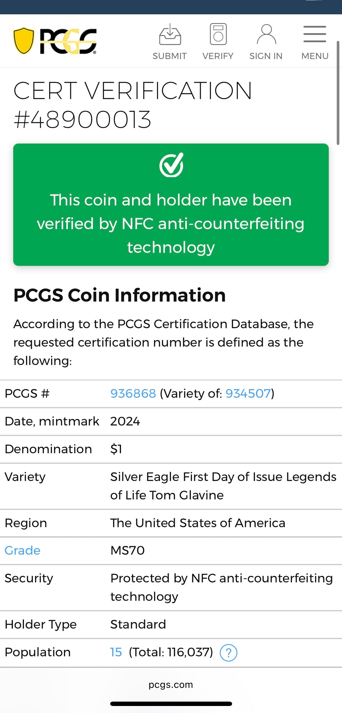 2024 $1 American Silver Eagle PCGS MS70 FDOI Legends of Life MLB Hall of Fame Tom Glavin Signed Label Mint Condition(Rare 1 of 15)